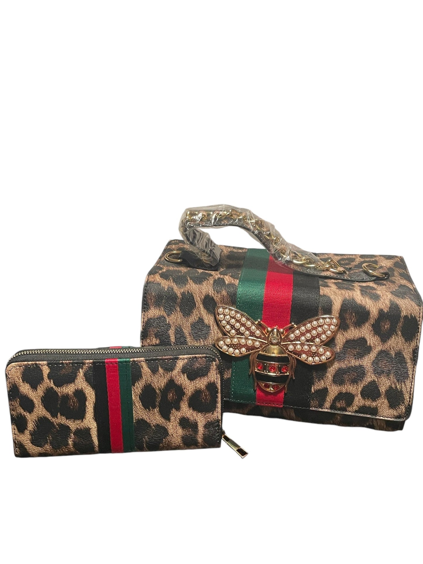 Leopard Print Color Pearl Crystal Tote Purse Bag and Wallet Set f